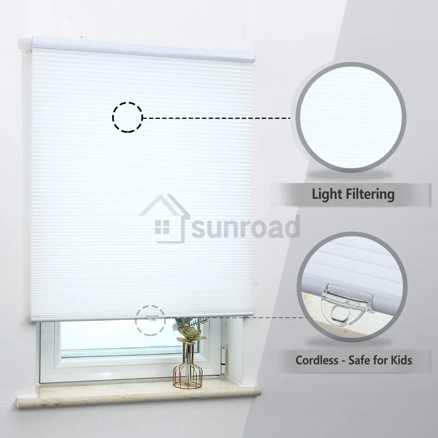 Custom-made Sunroad Cordless Honeycomb Cellular Shades, Light Filtering for Windows – Inside & Outside Mount