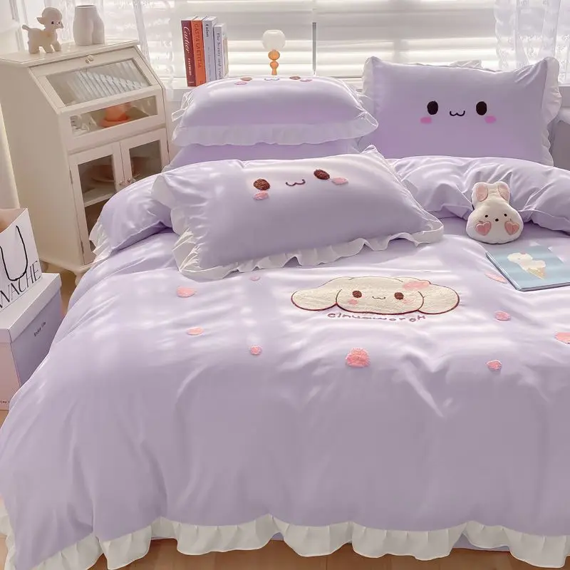 Girly Heart Sanrio Kawaii Cinnamoroll Anime Washed Blanket Cover Cotton Four-Piece Set Cute Cartoon Bedding Sheet Gifts Toys