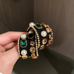 Vintage Style Colorful Crystal Pearl Hoop Earrings Geometric White Black Earrings for Women Statement Jewelry