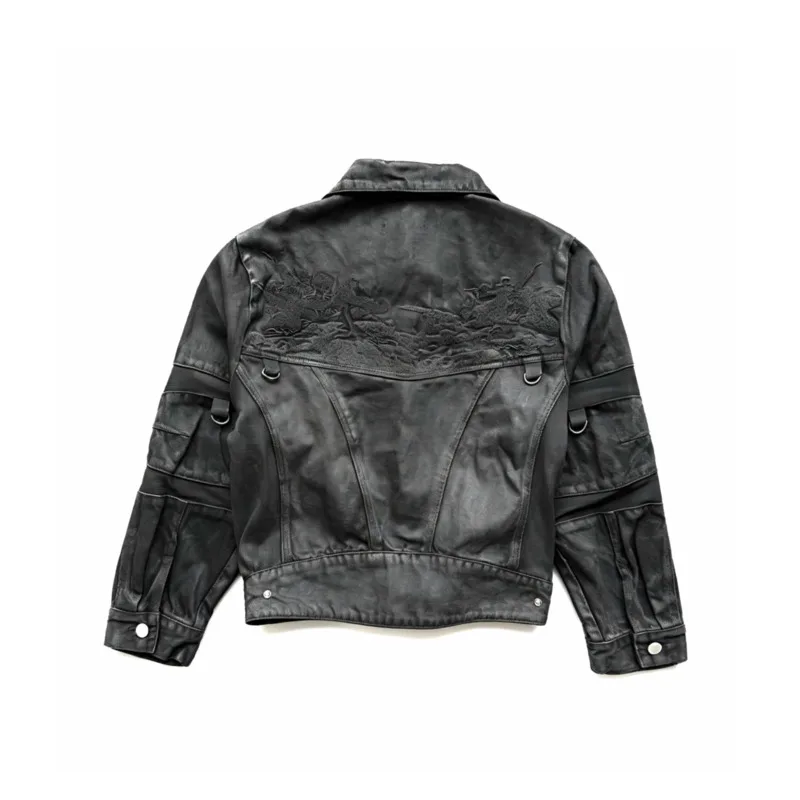 HKSH Spring Autumn New Men Tide Dark Chic Ins Fashion Gothic Coats Hand-Waxed Embroidered Detachable Strap Ribbon Jacket HK28446