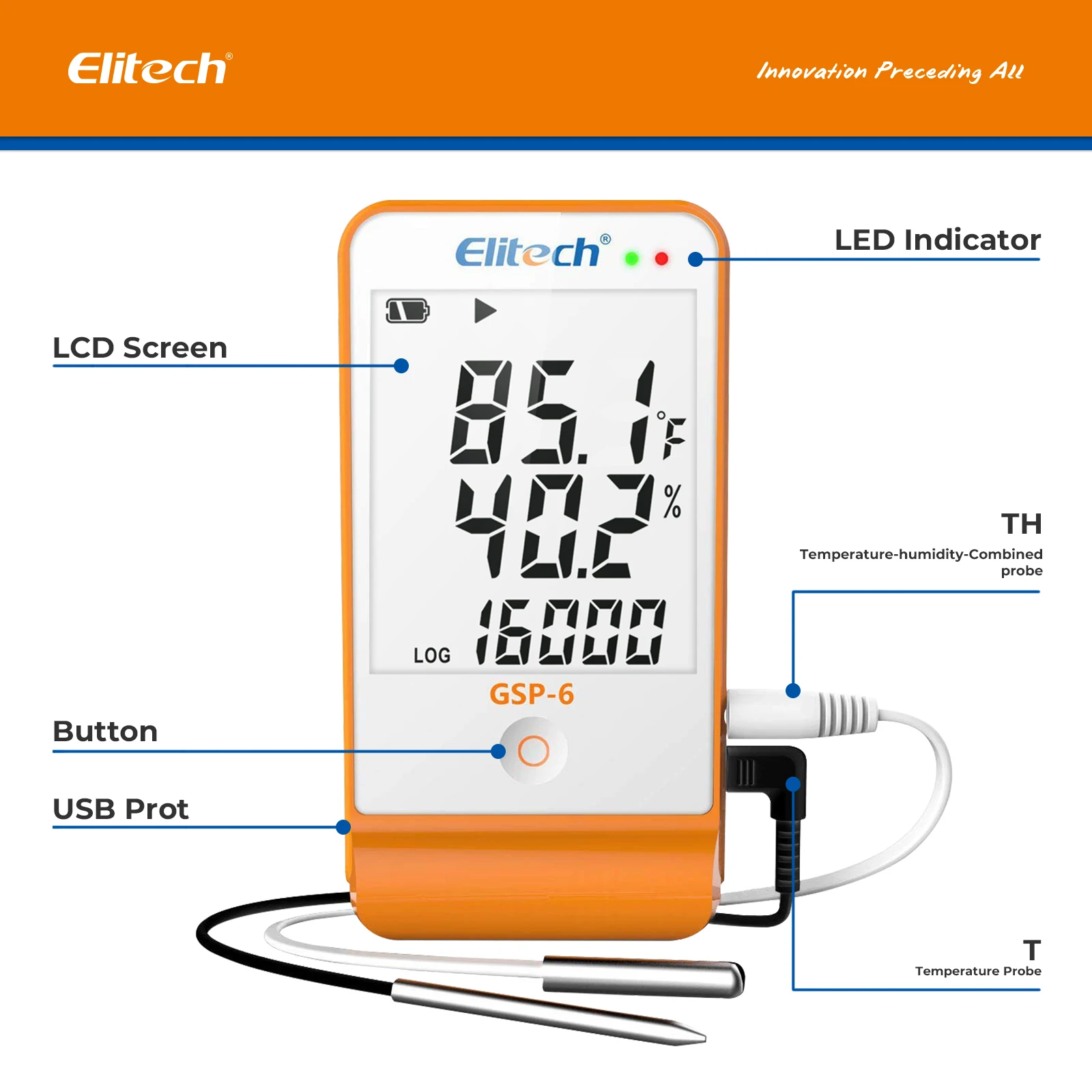 Elitech-registrador de datos de temperatura y humedad de GSP-6, Monitor de temperatura de vacuna, cadena de frío de refrigeración de 16000 puntos