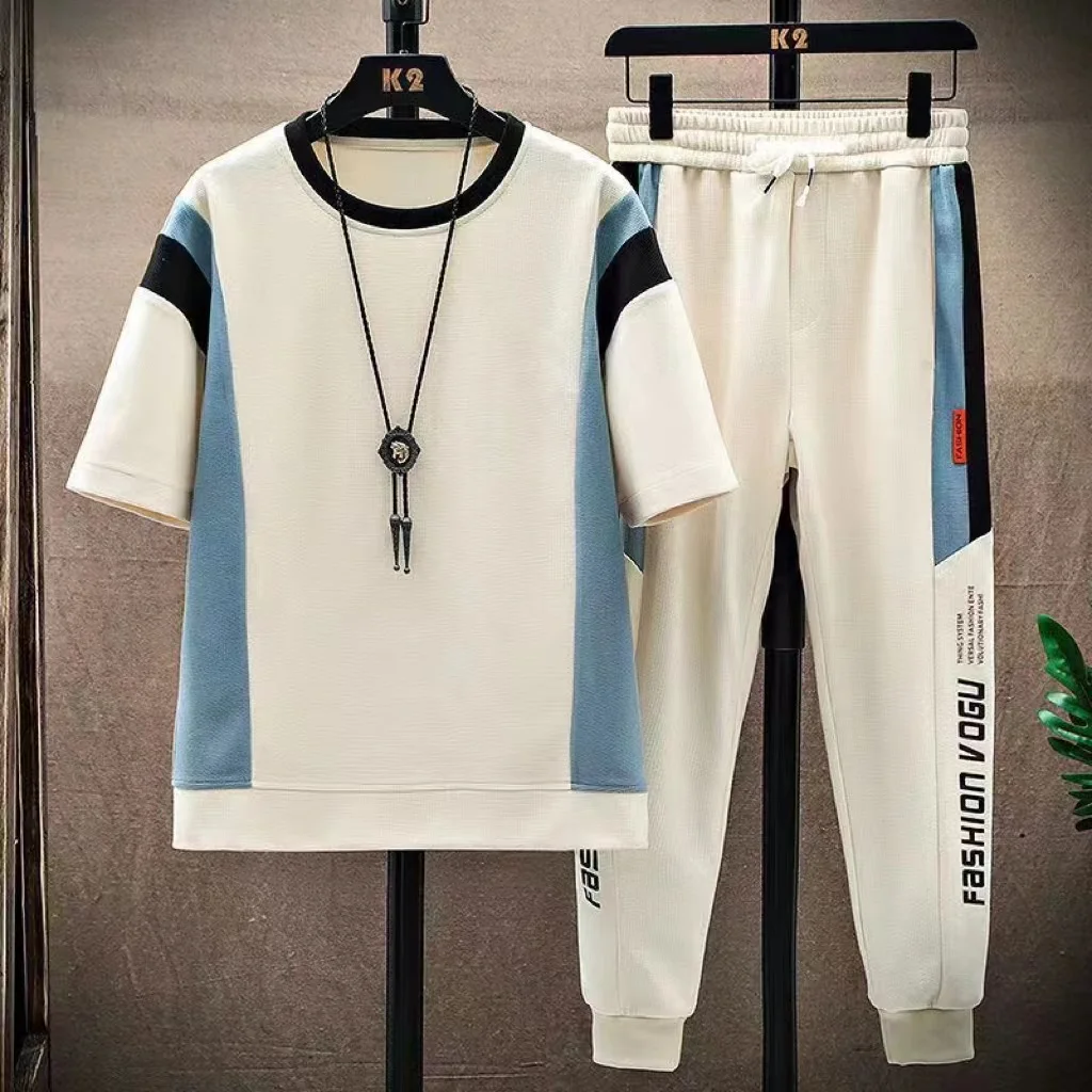 024 Summer New Men\'s Youth Set Short Sleeve+Long Pants Two piece Breathable Casual Fashion Ice Cool Waffle Sportswear Set