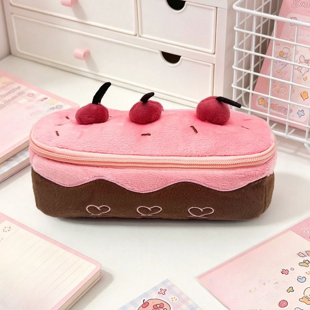 Plush Cherry Cake Cosmetic Bag Zipper Makeup Bag Portable Travel Toiletry Organizer Stationery Storage Bag Pencil Case for Girls