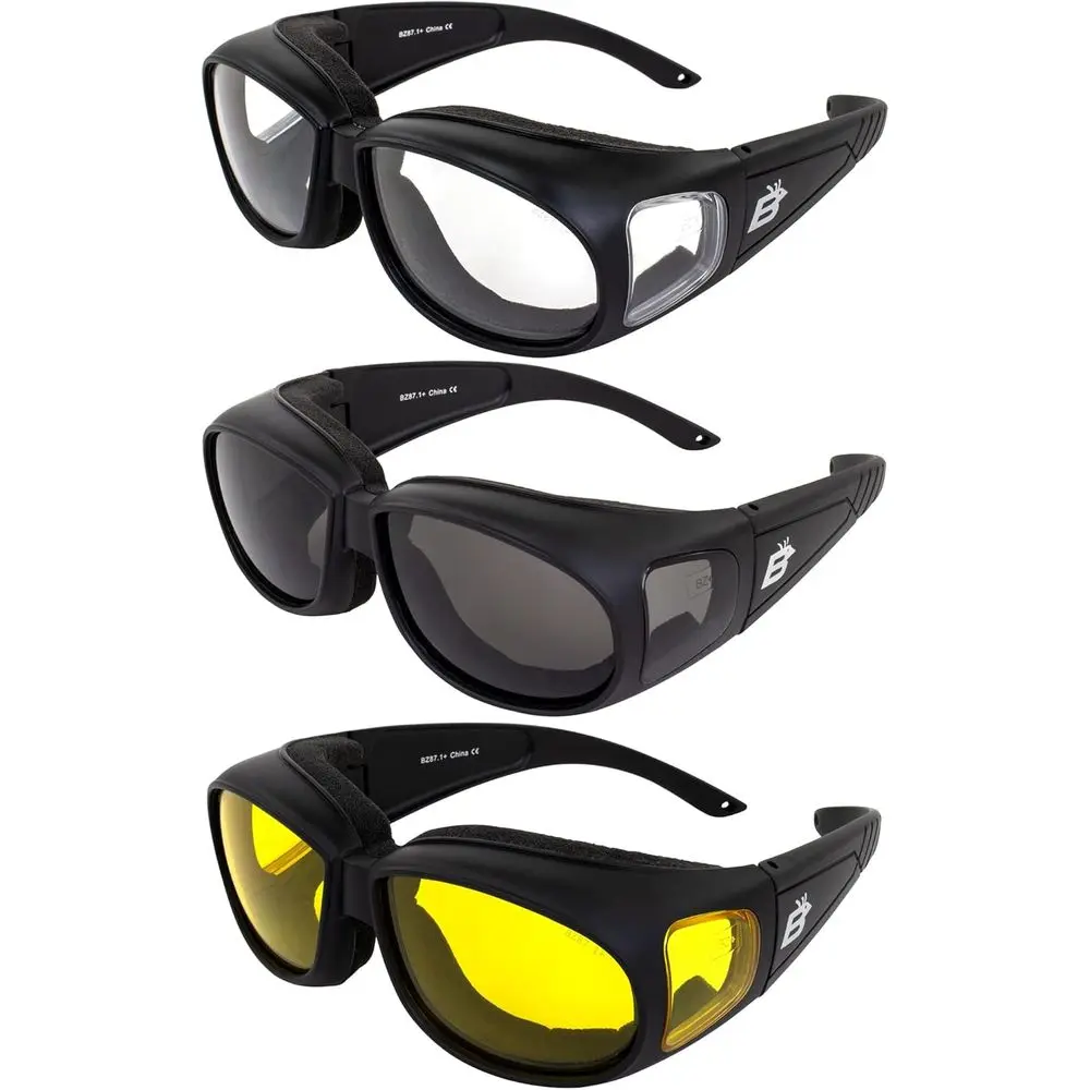 

Очки Birdz Eyewear Swallow Fit Over Glasses с пенопластовой подкладкой, мотоциклетные солнцезащитные очки, защитные очки для езды, 3 пары, черная оправа с прозрачными линзами