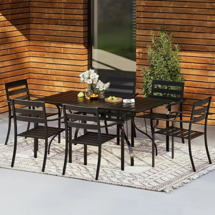 Outdoor patio dining set for deck/backyard/poolside/garden: 7-piece metal table and stackable steel chairs in gray, featuring u