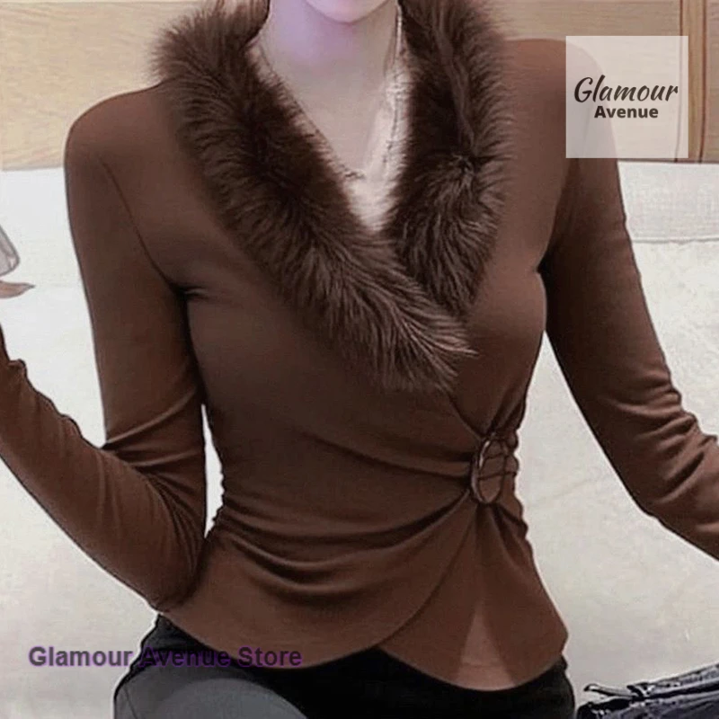 French high-grade luxury shirt spring and autumn fur collar splicing long-sleeved T-shirt female design slim bottoming shirt
