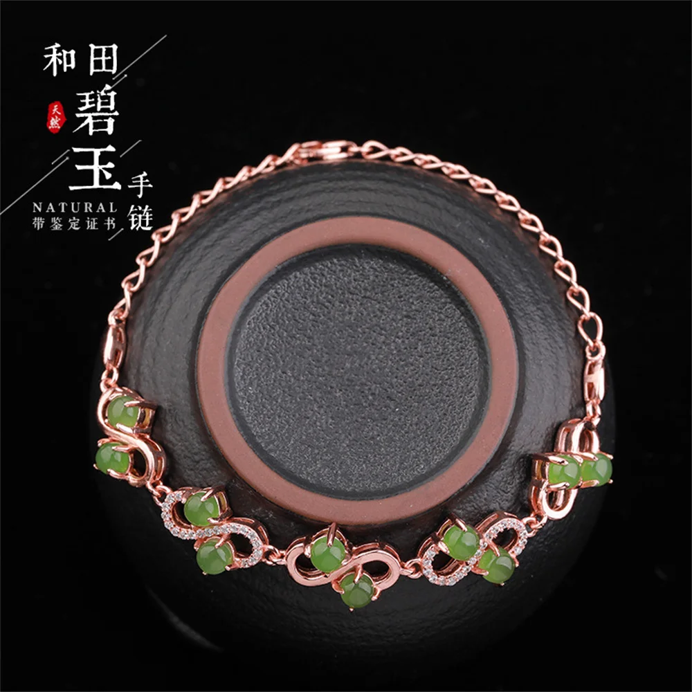 

925 Silver Natural Green HeTian Jade Jasper Beads Chain Bracelet Woman's Luxury Bracelets with Certificate Fine Jewelry Gift