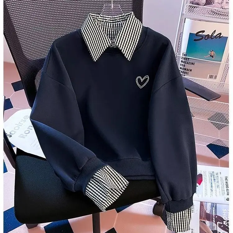 Spring and autumn women's clothing new simple style casual printing striped splicing fake two-piece lapel long-sleeved top