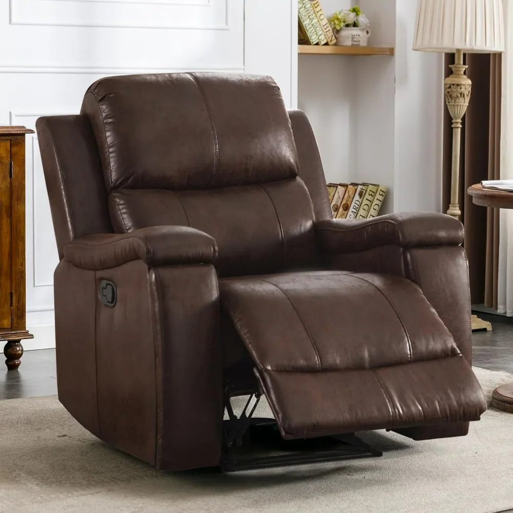 Classic and Traditional Manual Recliner Chair with Overstuffed Arms and Back, Manual Single Sofa with Concealed Cup Holders