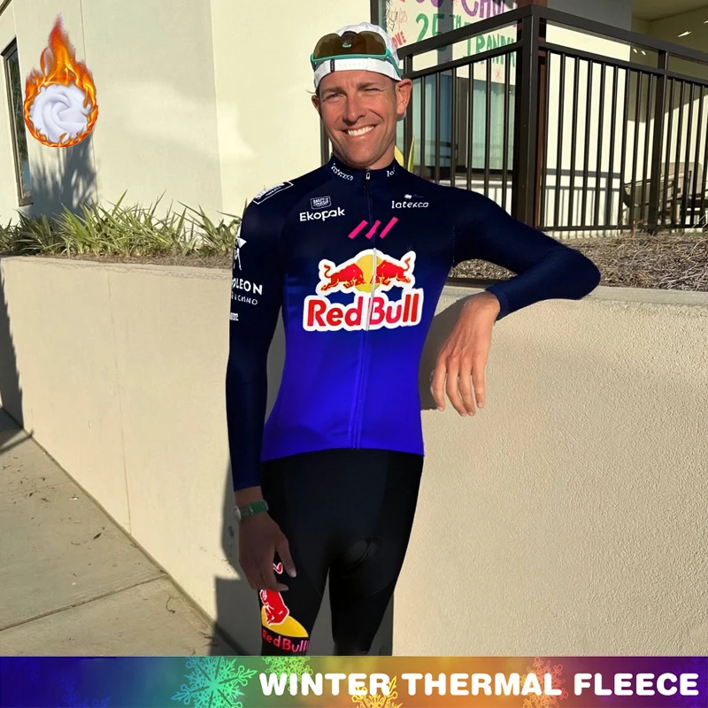 

Man Cycling Set RED BULL Fleece Jersey Men Men's Outfit Thermal Clothes Winter Triathlon Clothing Road Bicycle Bib Uniform Cycle