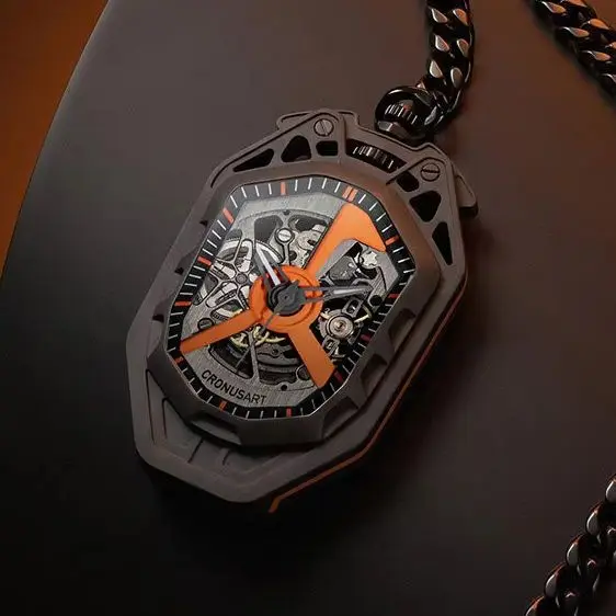 CRONUSART Men Automatic Watch 45mm*69mm Mechanical Pocket Watches Titanium Case Luminous Sapphire Skeleton Dial Cuban Link Chain