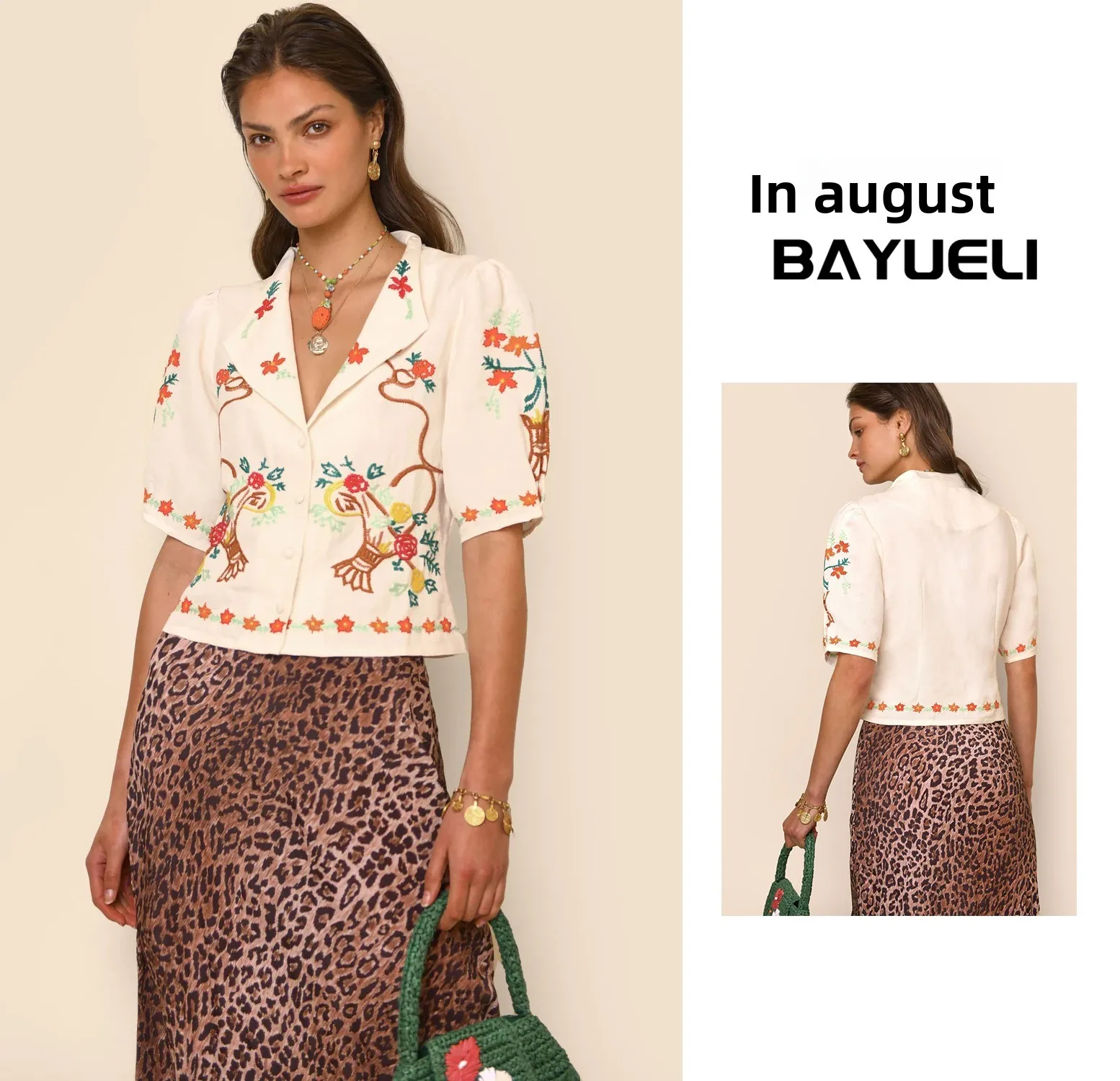 

Rixo August 23 Summer New Vintage Heavy Embroidery Turn-down Collar ort Sve Single Buttoned Linen irt Women's Busin...