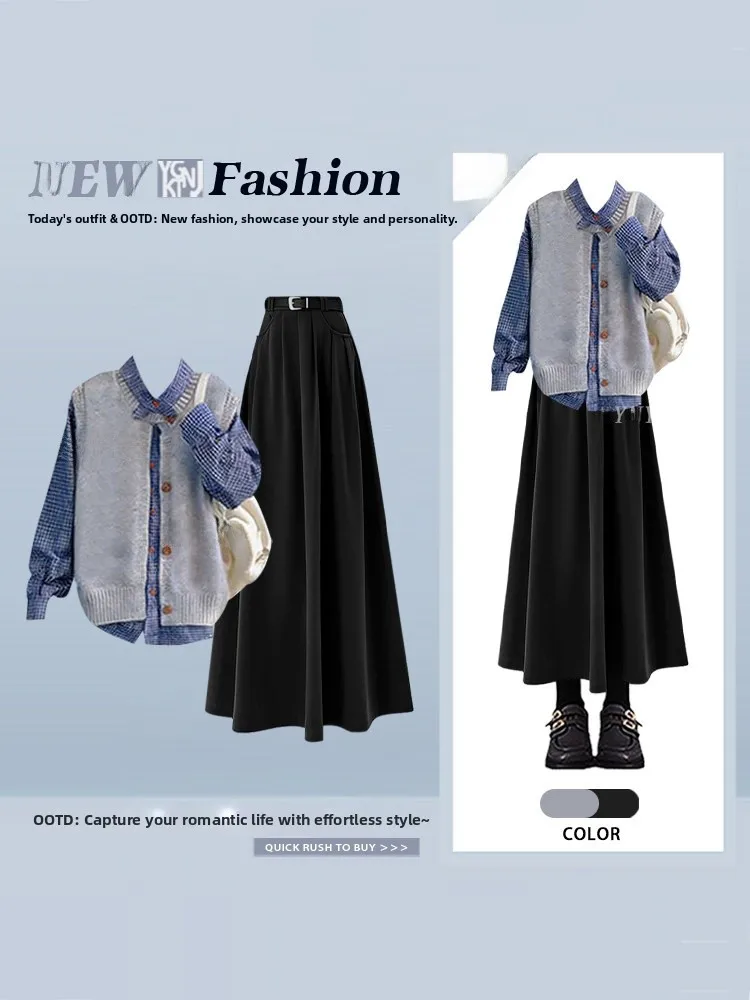 

Unique Sli Commute Outfit Set Plaid irt Layered Knitted Vest High Waist Midi Skirt Spring Women's Faion Ensemble