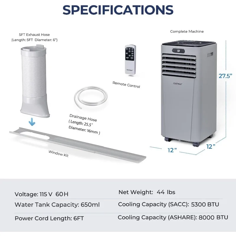 COSTWAY pendingin udara portabel, pendingin udara 8000BTU dengan pengering, kipas, Mode tidur, 2 kecepatan, fungsi Timer 24 jam, kendali jarak jauh