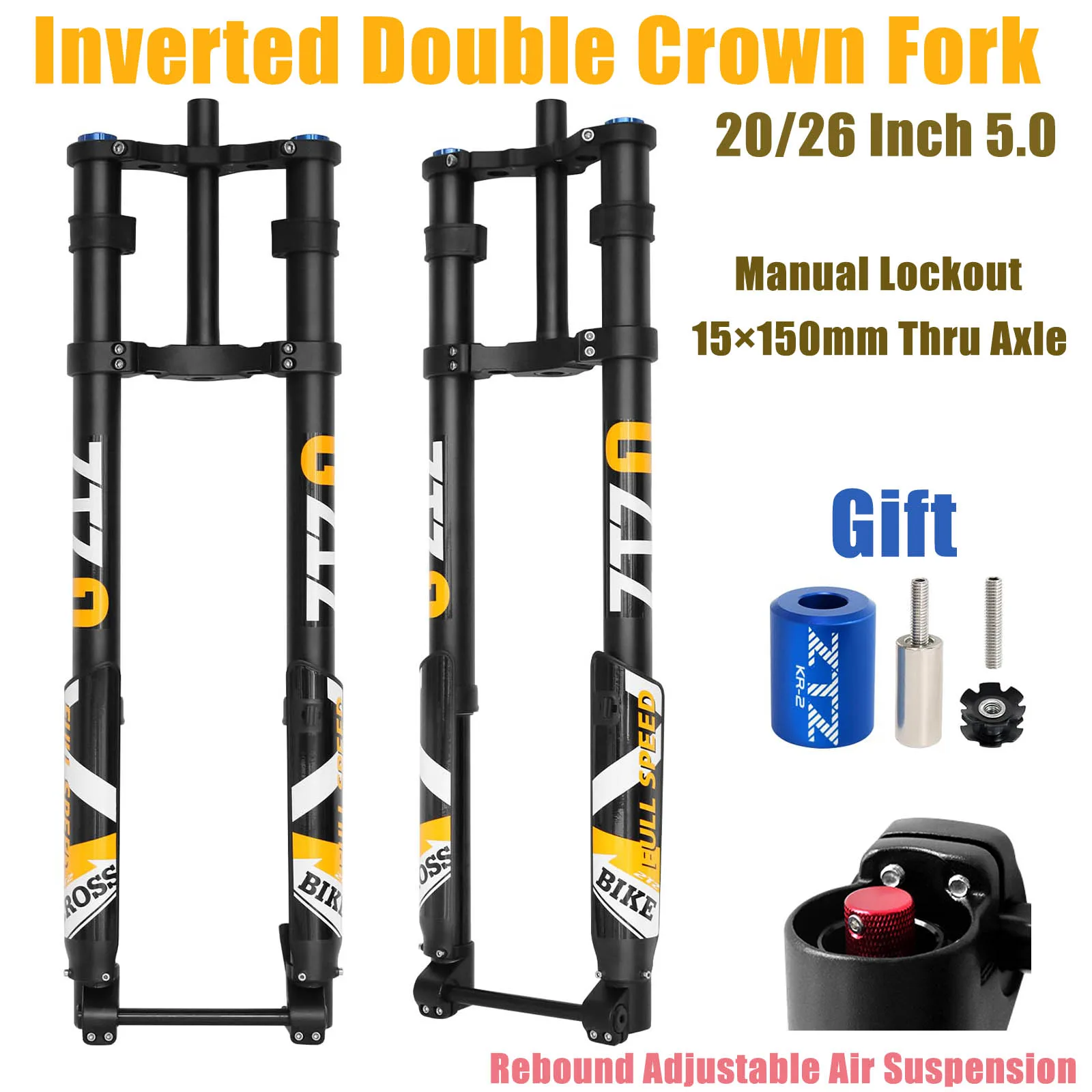 20/26 Inch 5.0 Fat Tire Bike Air Mountain Bike Inverted Suspension Fork Thru Axle 15*150mm MTB Manual Lockout, Rebound Adjustment Straight Front Forks for Snow Beach E-Bike