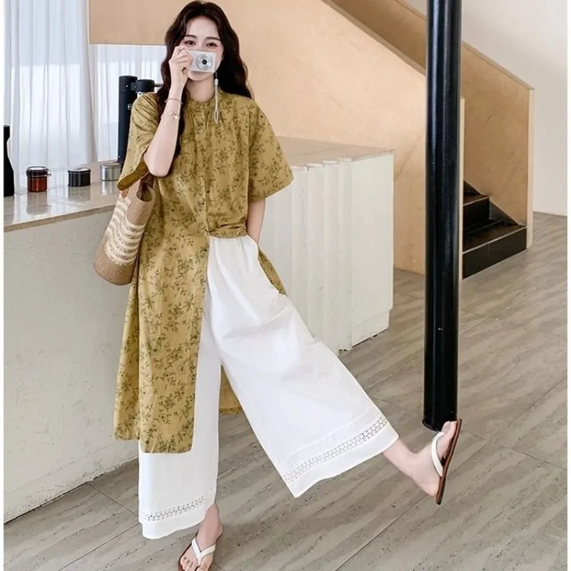 

Women's Chinese Style Vintage Print Long Shirts Wide Leg Pants Two Piece Set 2025 New Lady Graceful Summer Tops Trousers Outfits