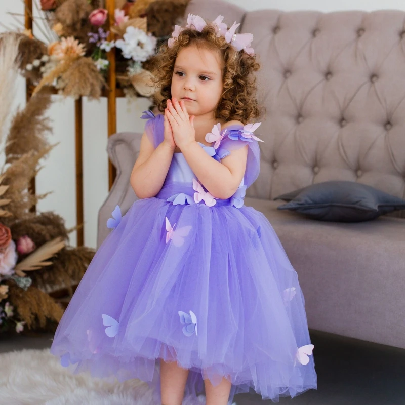 Flower Girl Dresses Purple Tulle Puffy Butterfly With Zipper Sleeveless For Wedding Birthday Banquet First Communion Gown