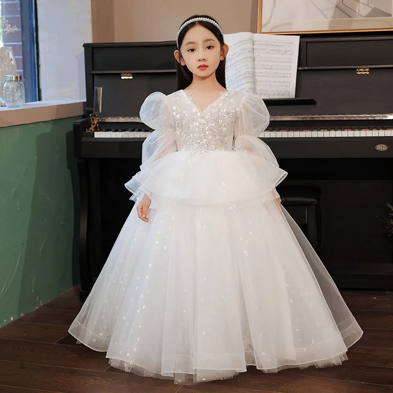 

Princess 2025 Girls Season Wedding Children's White Flower Girl Host Birthday Piano Performance Dress