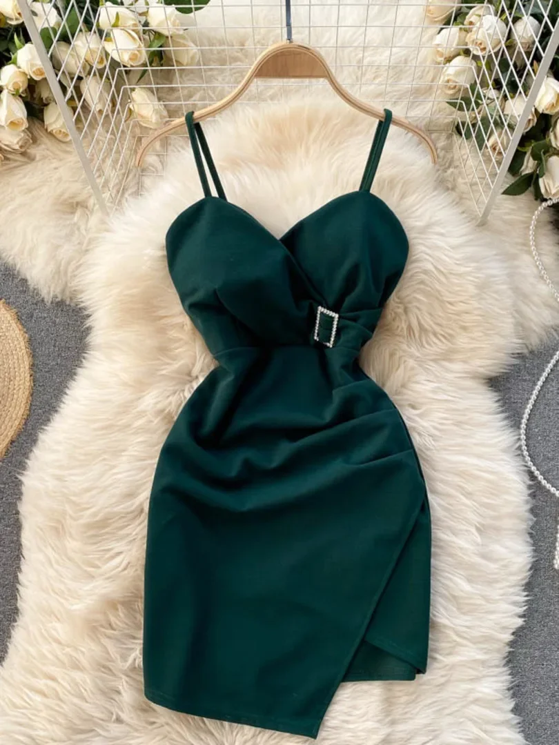 2025 New Korean Chic Women Mini Party Dress Solid Elegant Spaghetti Strap Sleeveless Summer Dress Sexy V-neck Slim Club Vestidos