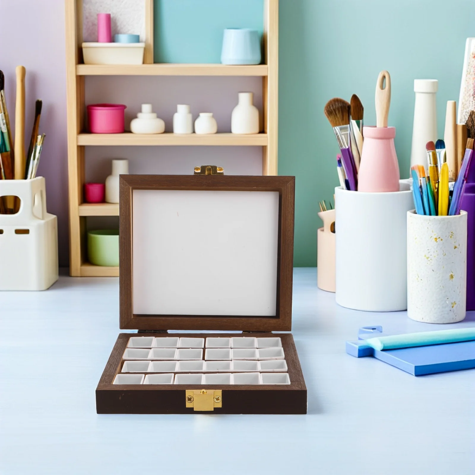 

Portable Watercolor Palette Box 24 Half Pans Black Walnut Wooden Paint Organizer Seal Lock Travel Outdoor Painting Case