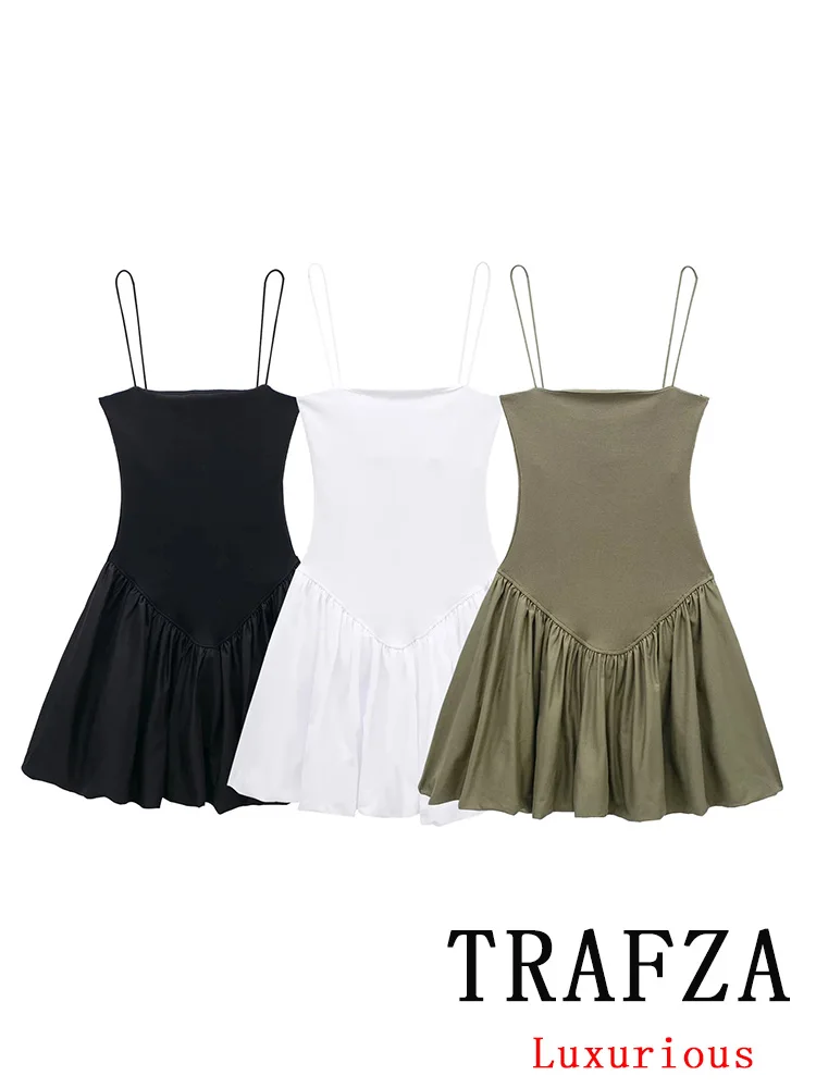 TRAFZA Vintage Casual Chic Women Dress Solid Cami Short Draped Ball Gown New Vestidos Fashion 2024 Summer Mini Beach Dress