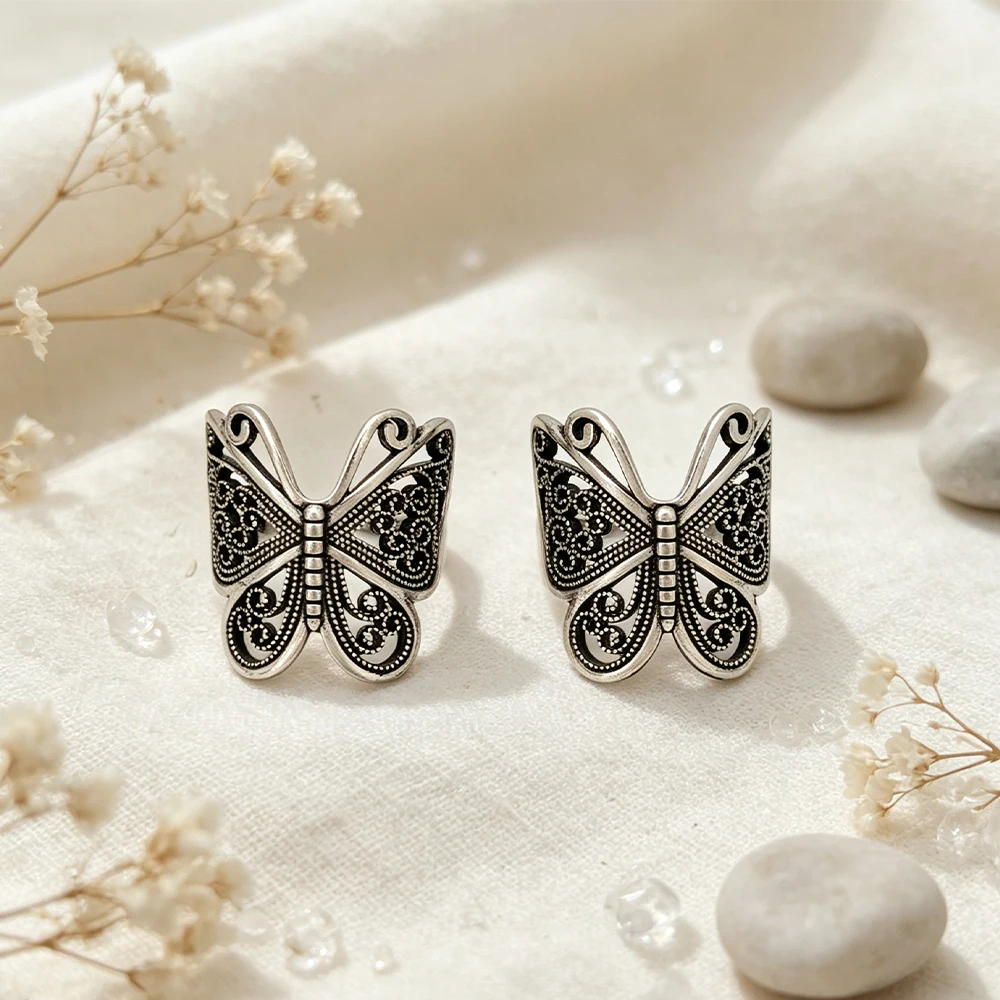 Vintage Distressed Hollow Butterfly Open Ring Set of Two, Wide Patterned Adjustable Rings, Everyday Women's Decorative Hand Accessories