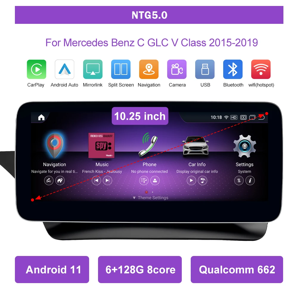 Android 11-Touchscreen für Mercedes Benz W205 GLC C V-Klasse W447 GLA CLA 2015–2019 GPS mit Carplay Android Auto Autoradio