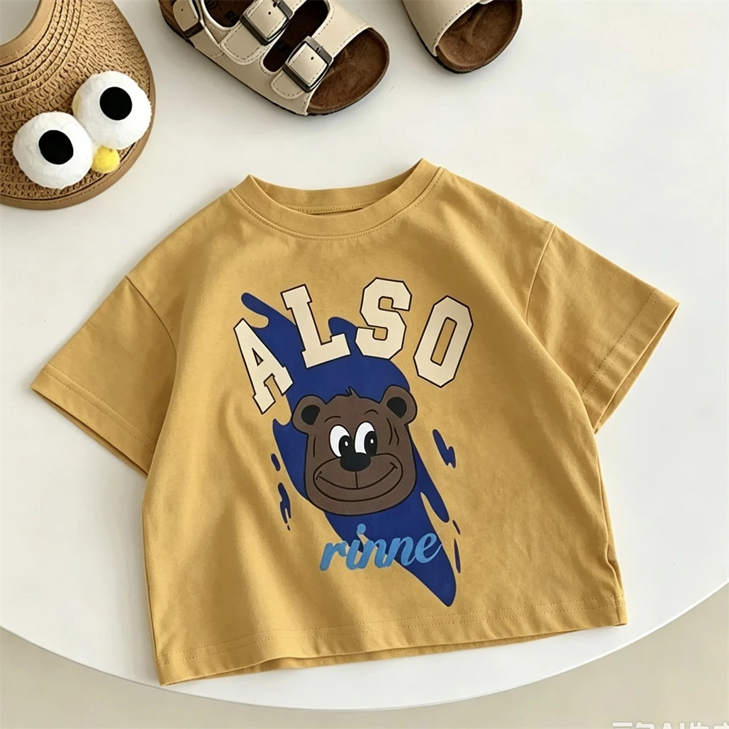 Cartoon TShirt Short Sleeve Tops Small Children Summer Pure Cotton Print Tees 2026 Boys Girls Thin  Round Neck Trendy Clothing