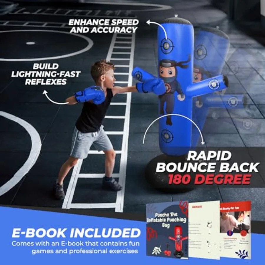 PUNCHO El saco de boxeo para: juego de saco de boxeo estable 3-12 - 63 sacos de boxeo inflables para niños 3-8 con bomba de guantes y libro electrónico - Fas