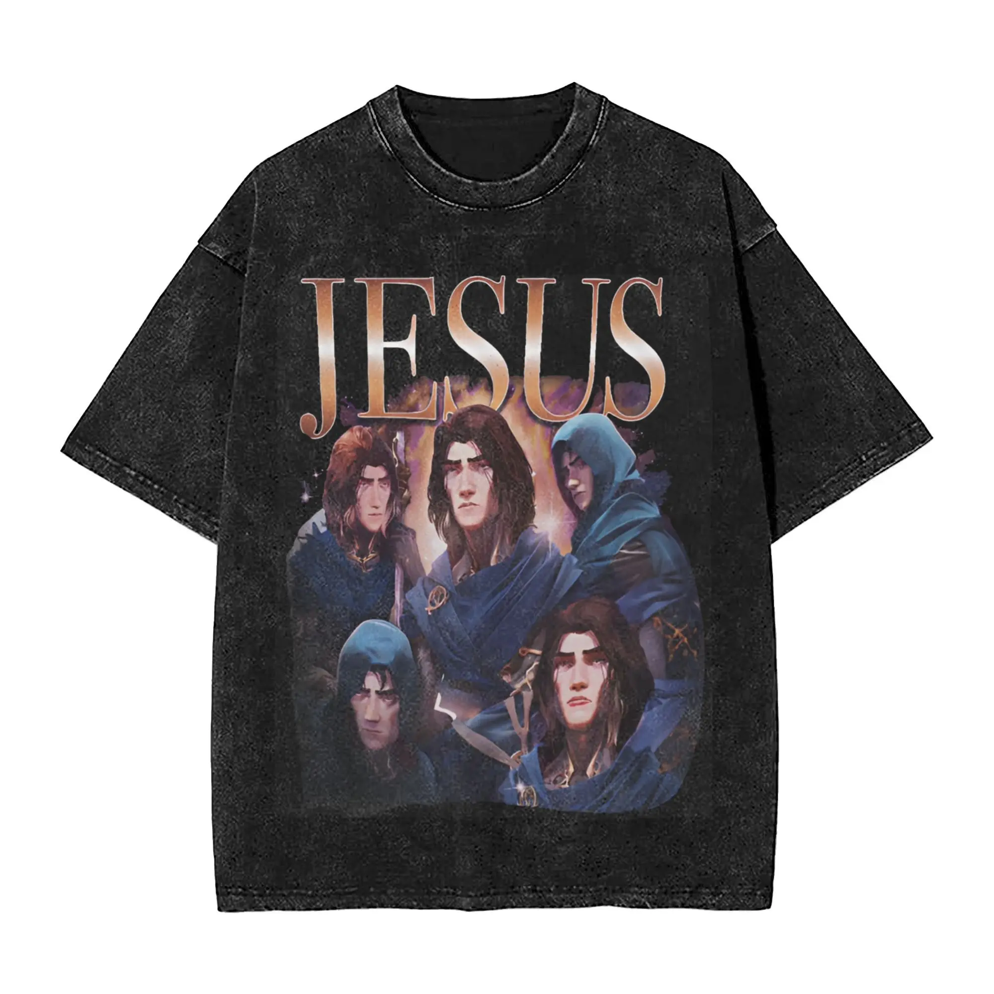 jesus arcane viktor game lover fans  T Shirt Hip Hop Washed Cotton Oversize T-Shirt  Vintage for Men Streetwear Summer Tops Tees