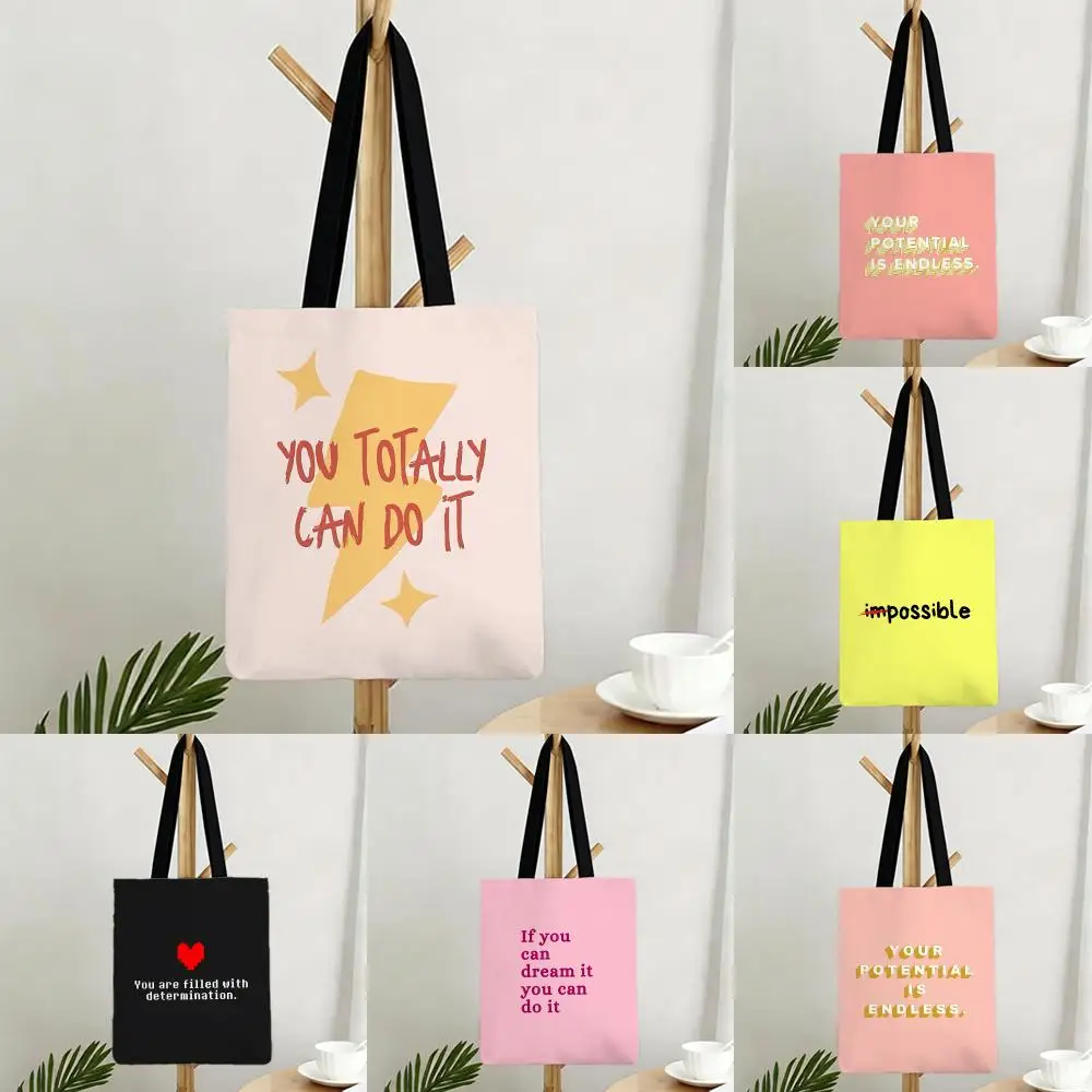 Fashion Active Determination Quotes Storage Bags Canvas Bags Series Print Bag Lightweight Shoulder Daily Shopping Bags