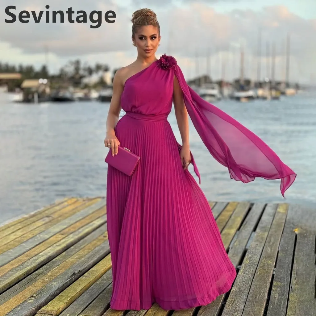 

Sevintage 2025 Fuchsia Chiffon Maxi Evening Dress A Line One Shoulder Wedding Formal Prom Dress Dubai Party Gown Robe de soiree