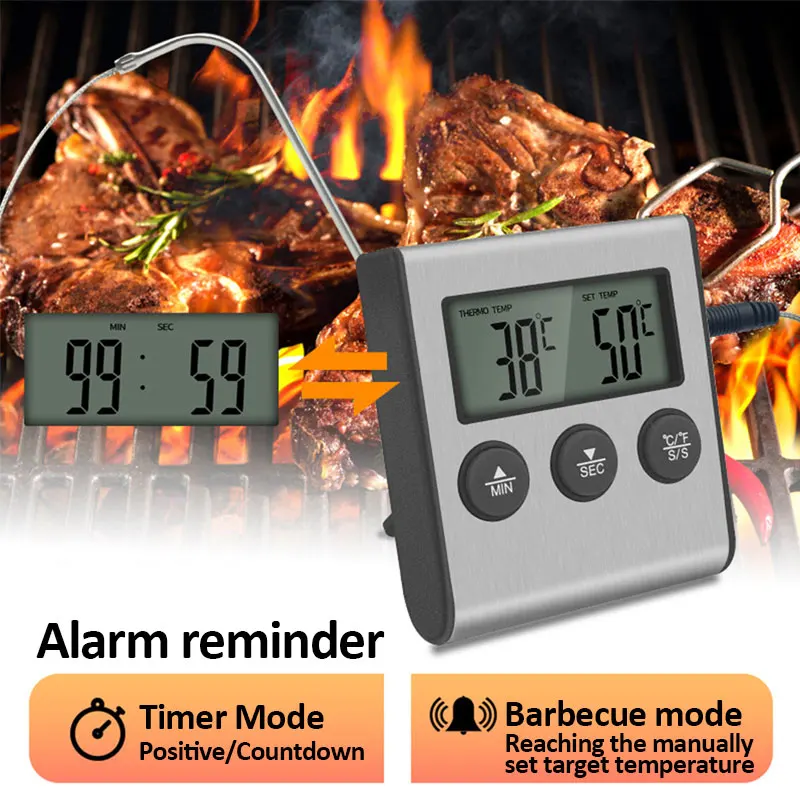 Kitchen Digital Cooking Thermometer BBQ Oven Meat Grill Timer Function Heat Meter Home Baking Household Cooking Temp Gauge Probe