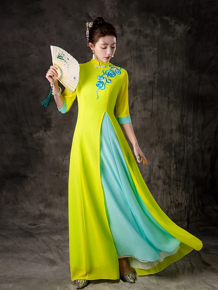 

Ele Purple Orchid Yellow Stage Performance Clothing Large Chorus Model up ow Slimming ort Sve Summer Long Dr