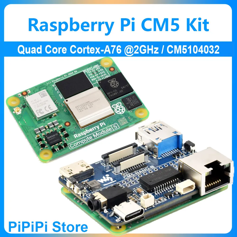

Вычислительный модуль Raspberry Pi 5 CM5, четырехъядерный процессор Cortex-A76 @ 2 ГГц BCM2712 CM5104032 с/без Wi-Fi RAM4 ГБ eMMC Lite32 ГБ Комплект A/B