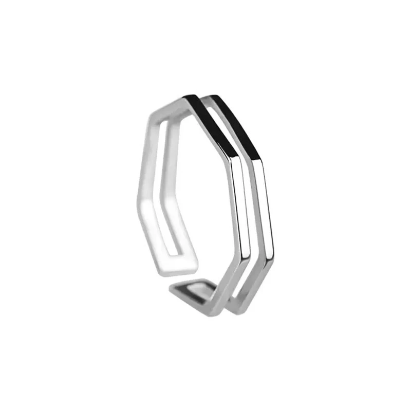 Simple Geometry Heptagon Silver Color Temperament Resizable Opening Ring For Women Luxury Jewelry SRI008