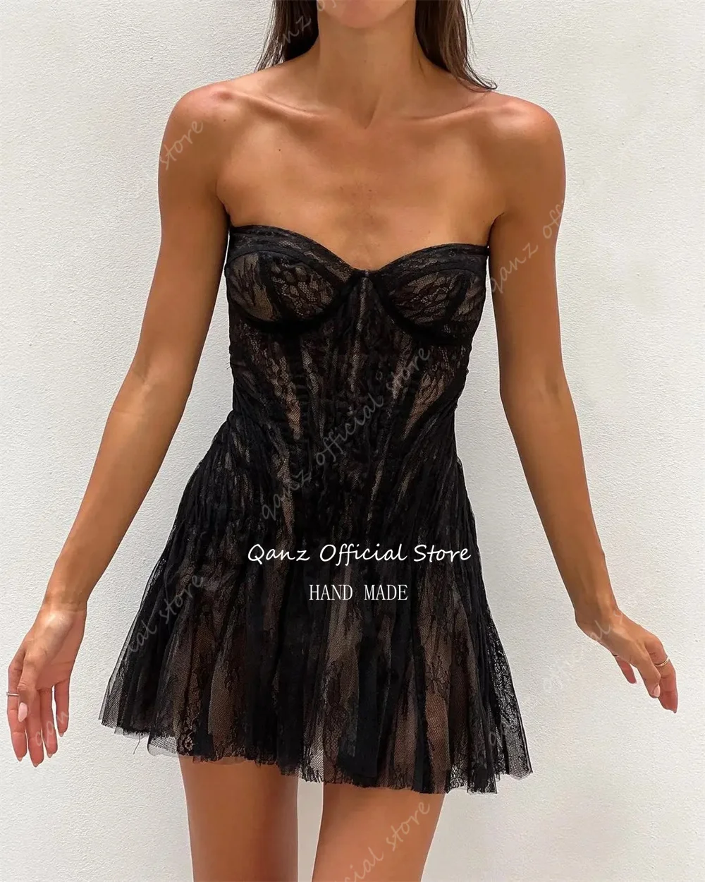 Qanz-Robes de Rhen dentelle pleine, robes d\'anniversaire sexy, dos corset noir, appliques courtes, robes de cocktail personnalisées, chérie