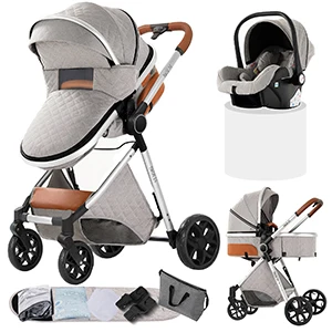 Leichter 3-in-1 Kinderwagen mit Autositz, Sitz- und Liegefunktion, faltbarer Babybuggy, Neugeborenen-Reisesystem für Flugreisen und lange Fahrten mit Aufbewahrungskorb, Hochlandschafts-Kinderwagen