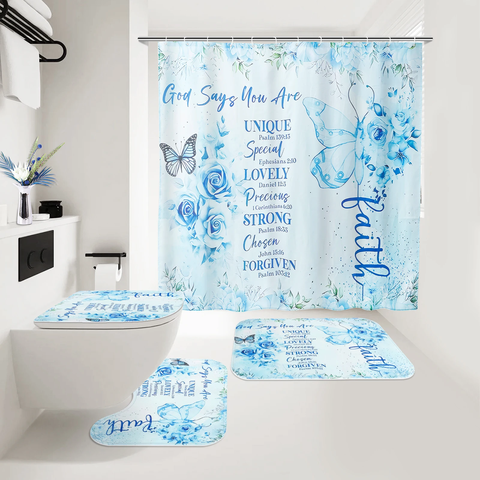 

4Pcs/Set Butterfly Print Bathroom Curtain with Anti Slip Bottom Waterproof Shower Curtain with Rug&Toilet Lid Cover for Bathroom