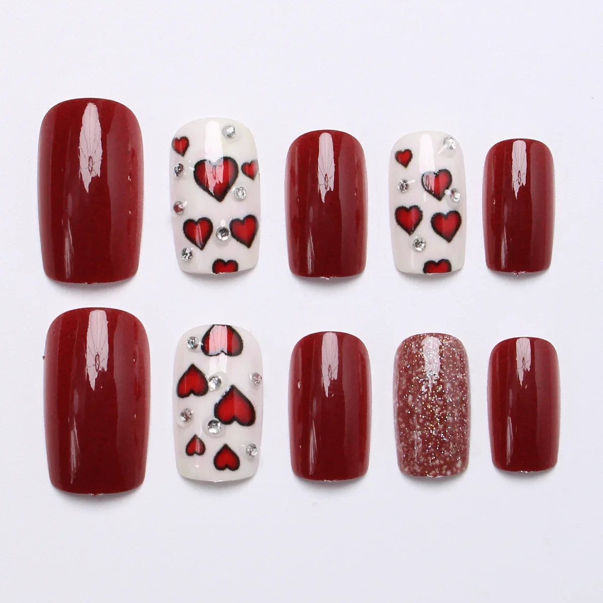 

24PCS Sweet Red Love Heart Fake Nail with Square False Nails Burgundy European Ins Style Removable Press on Nails Valentines Day