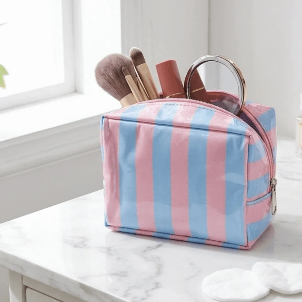 Mini PVC Striped Makeup Bag Portable Waterproof Sanitary Napkin Storage Bag Compact Lightweight Cosmetic Pouch for Women