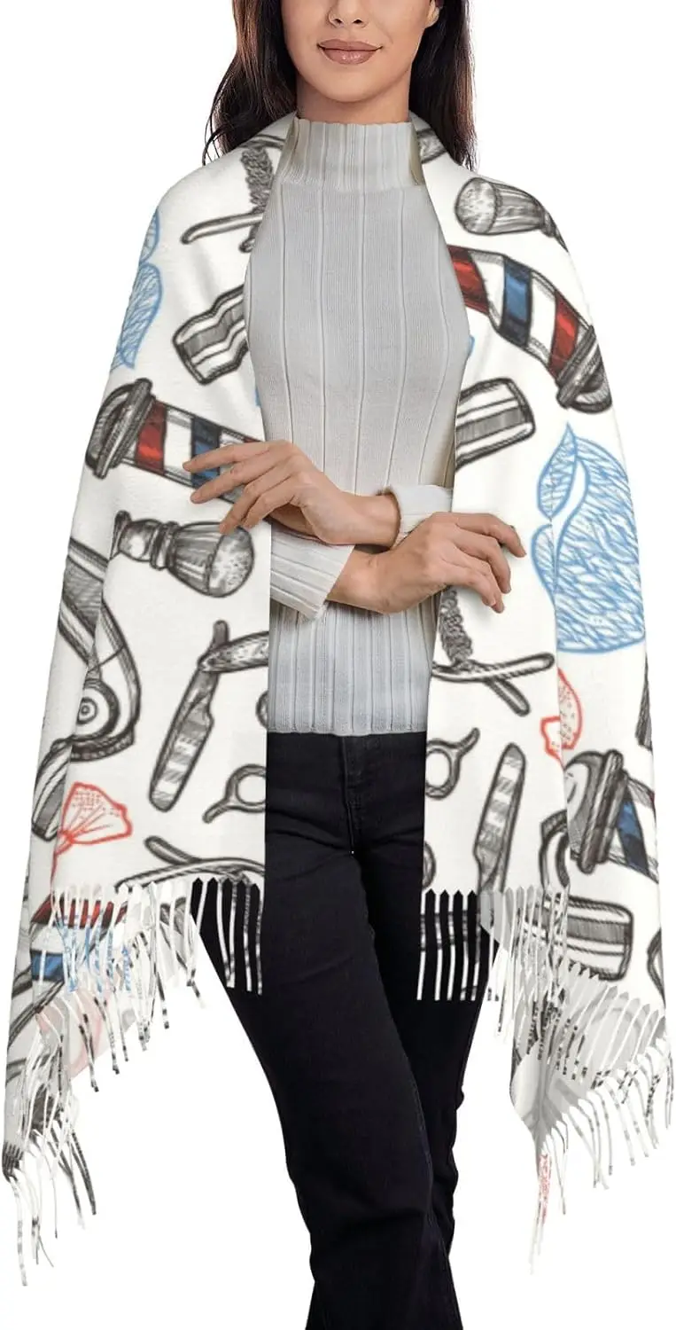 

Парикмахерская, монохромный стиль, шарф с кисточками и принтом, шаль, женский теплый мягкий подарок на осенне-зимний сезон