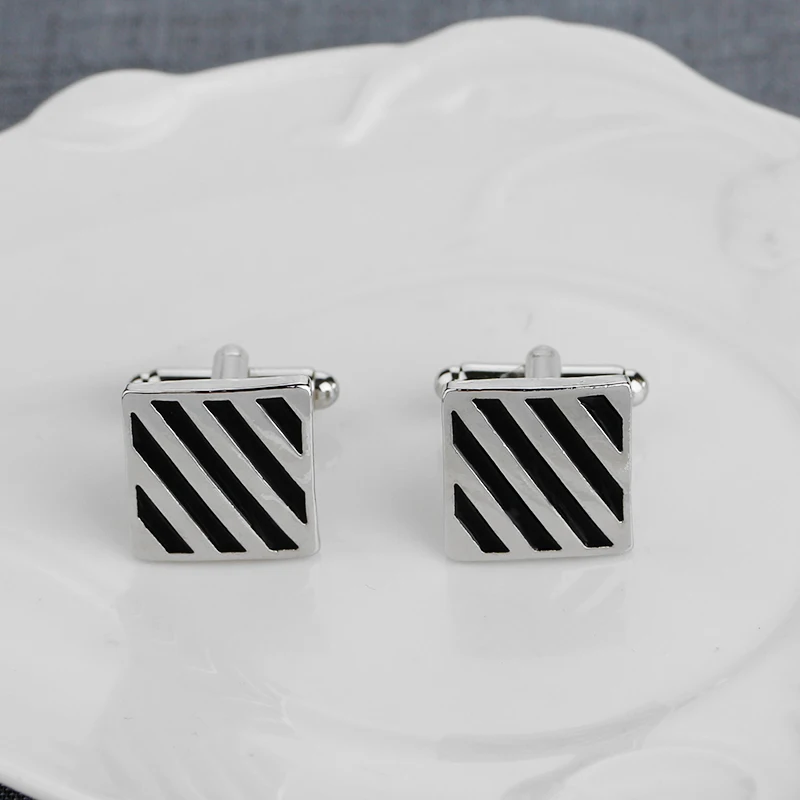 Classic Mens Black Twill Lines Design Cufflinks Diagonal Stripes Pattern Square Cuff Button
