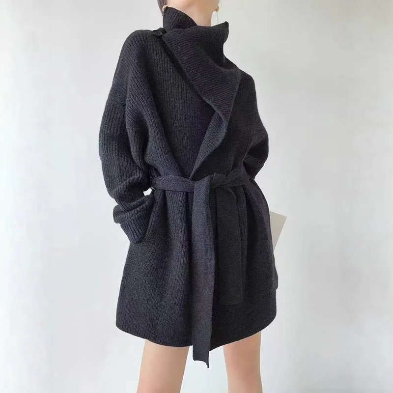 

Spring 2026, New Arrival, Women's Wool Knit Cardigan, Oversized Casual Collared Jacket, Mid-Length Tie-Front Premium Sweater,