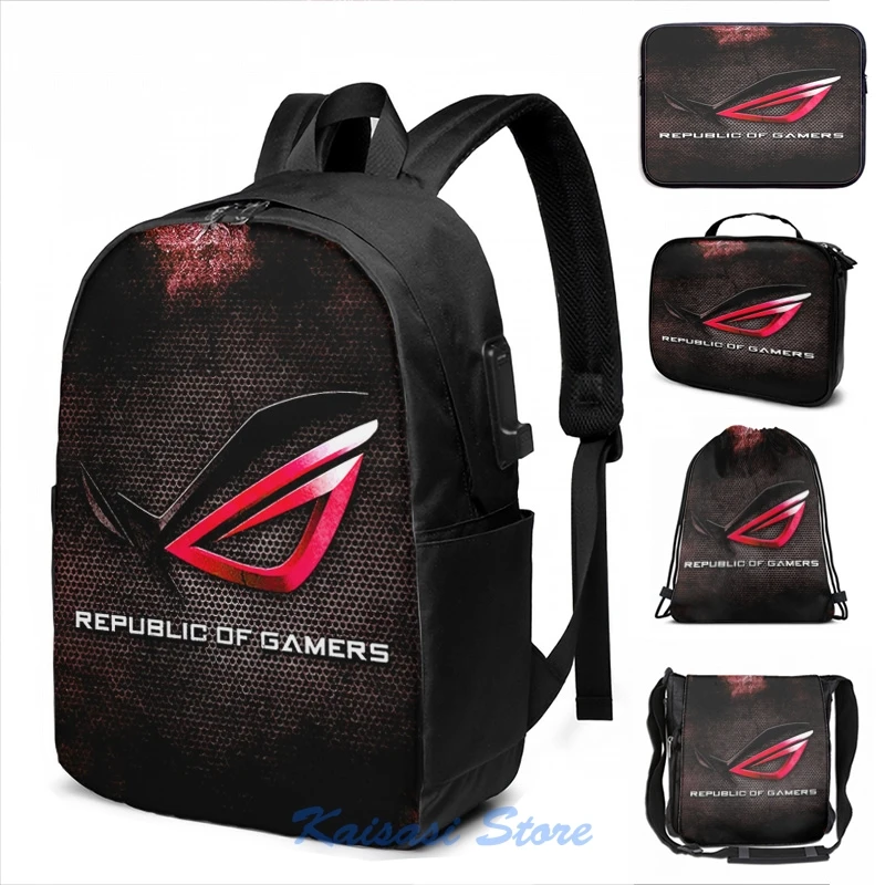 Funny Graphic print ROG Republic of Gamers HQ USB Charge Backpack men School bags Women bag Travel laptop bag