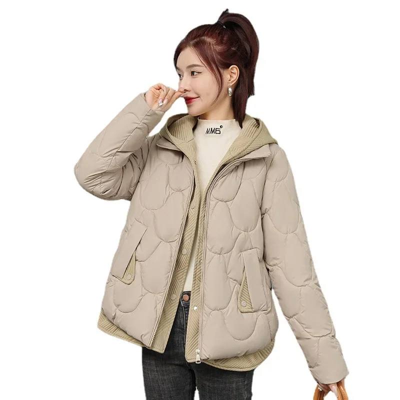 Hooded Parka Fake Two-Piece Down Cotton Clothes Women Short Corrugated Burr Thick Warm Cotton-Padded Jacket OutCoat Lady Outwear