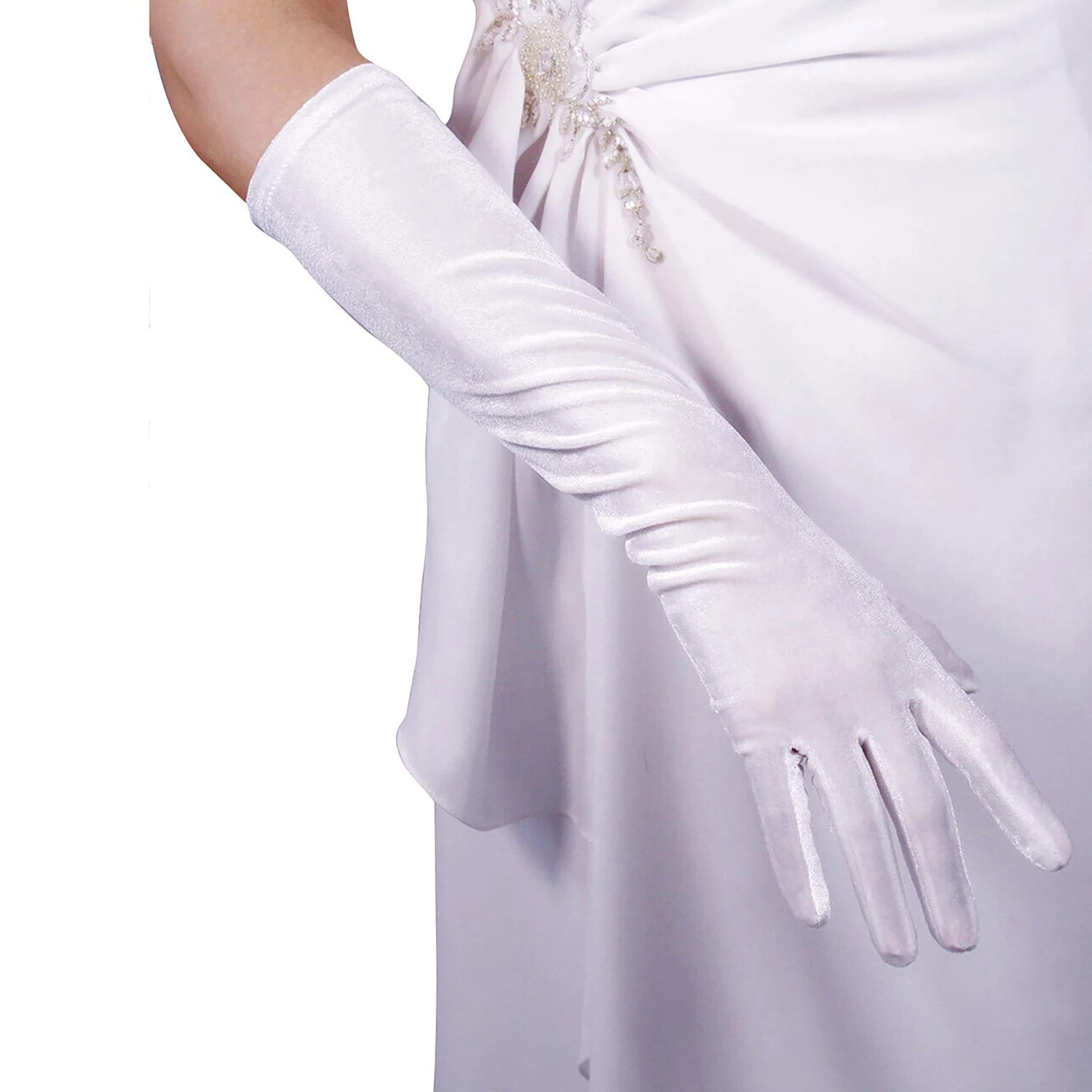 

DooWay Women White Velvet Gloves Long TECH Touchscreen Stretch Elbow Length Evening Opera Wedding 1920s Party Costume Red Carpet