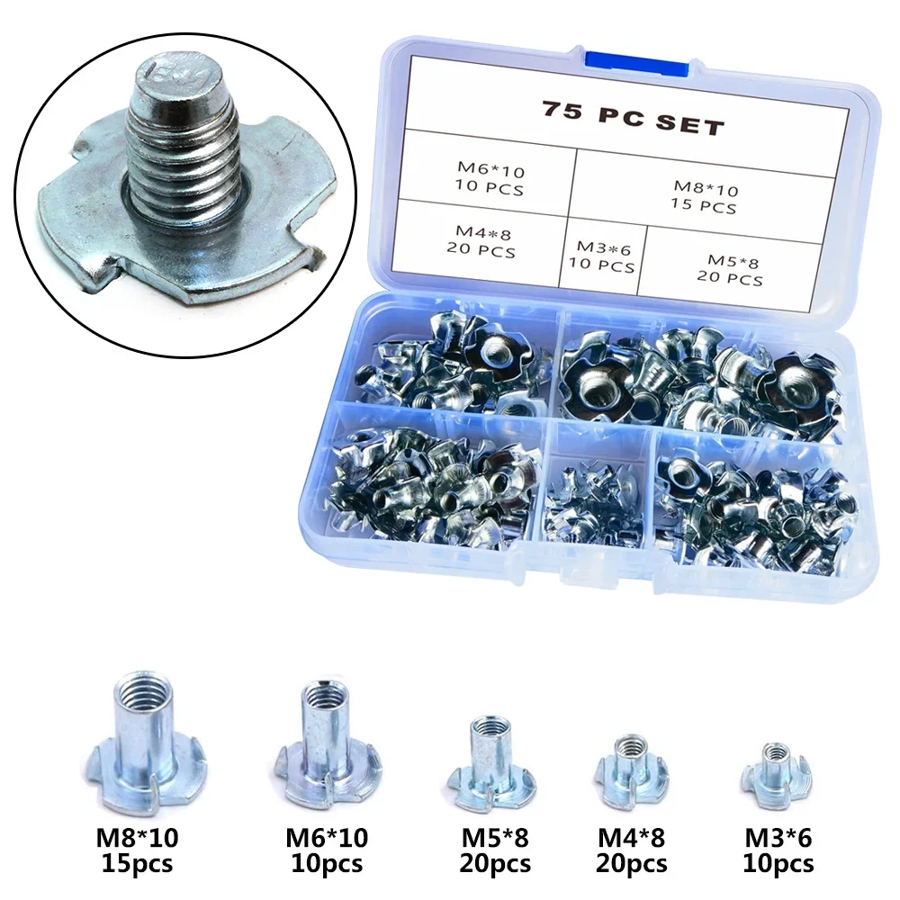 66/75pcs Galvanized Four-jaw T-nut M3-M10 Thread Insert Nuts For Climbing Brackets And Cabinet Woodworking Furniture