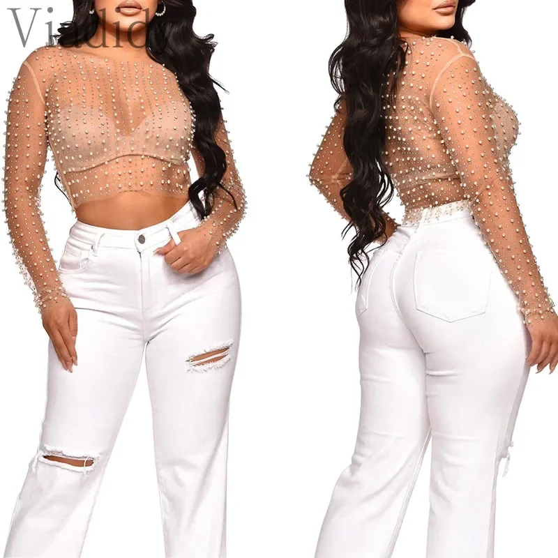 

Женская сексуальная однотонная прозрачная сетчатая майка с длинными рукавами и бусинами и стразами