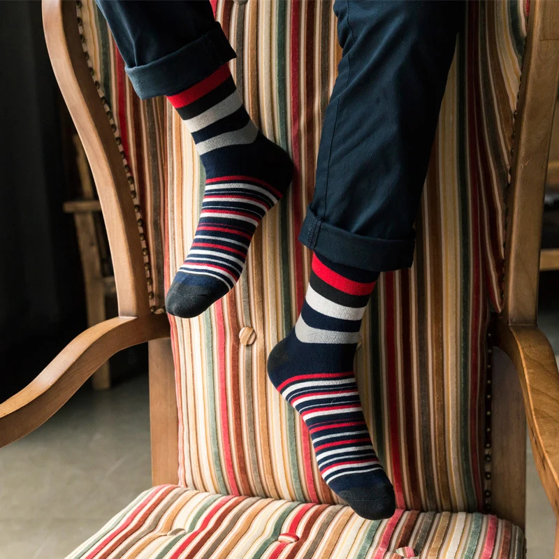 5 Pair Men's Striped Combed Cotton Socks Original Design High Quality Casual Long Socks Autumn And Winter Business Socks